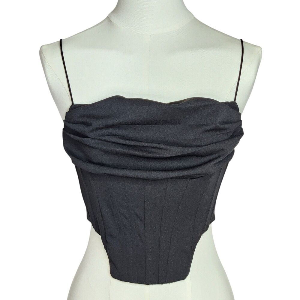 Unbranded Black Corset Top Cowl Neck Spaghetti Strap Boned Crop Pointed Hem XS